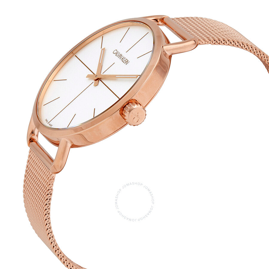 Side angle view of Calvin Klein Even watch showing rose gold case profile and mesh strap