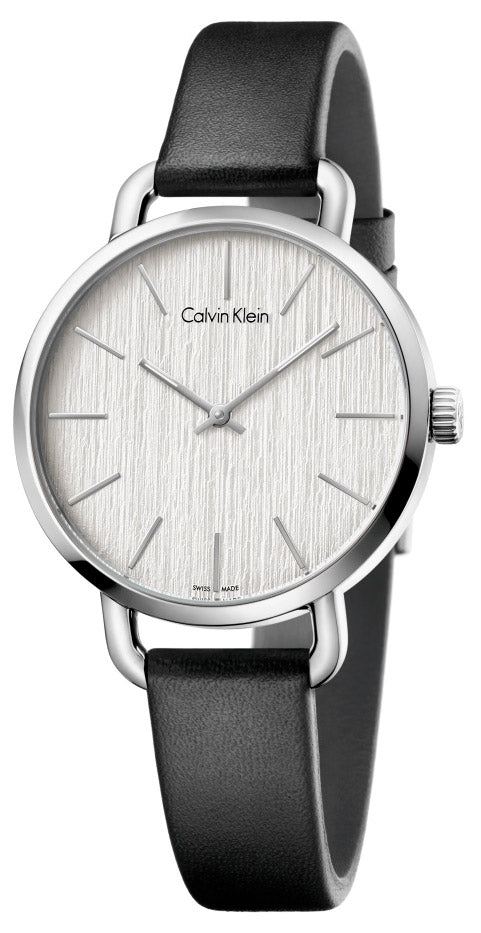Calvin Klein Even ladies watch with silver dial and black leather strap