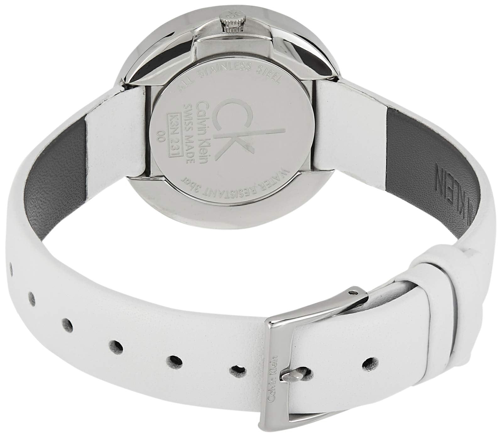 Calvin Klein Firm watch caseback showing movement and leather strap