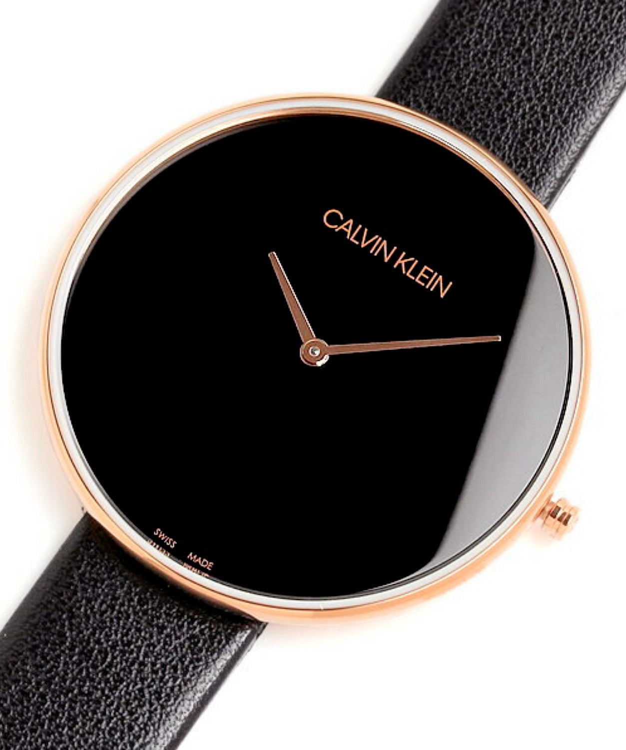 Calvin Klein Full Moon K8Y236C1 with black leather strap and rose gold case overhead view