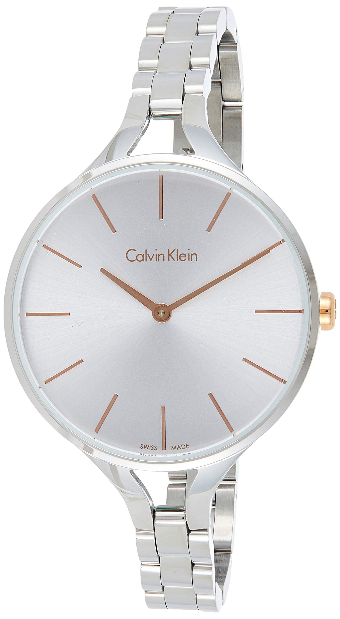 Calvin Klein Graphic ladies watch frontal view with silver dial and rose gold indices