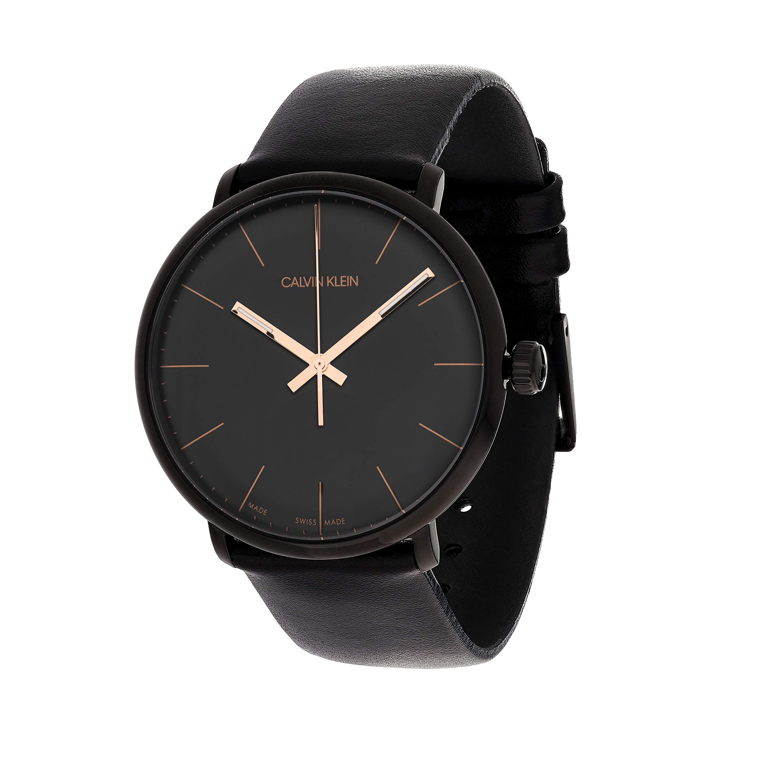 Calvin Klein High Noon watch side view showing black case and leather strap with crown detail