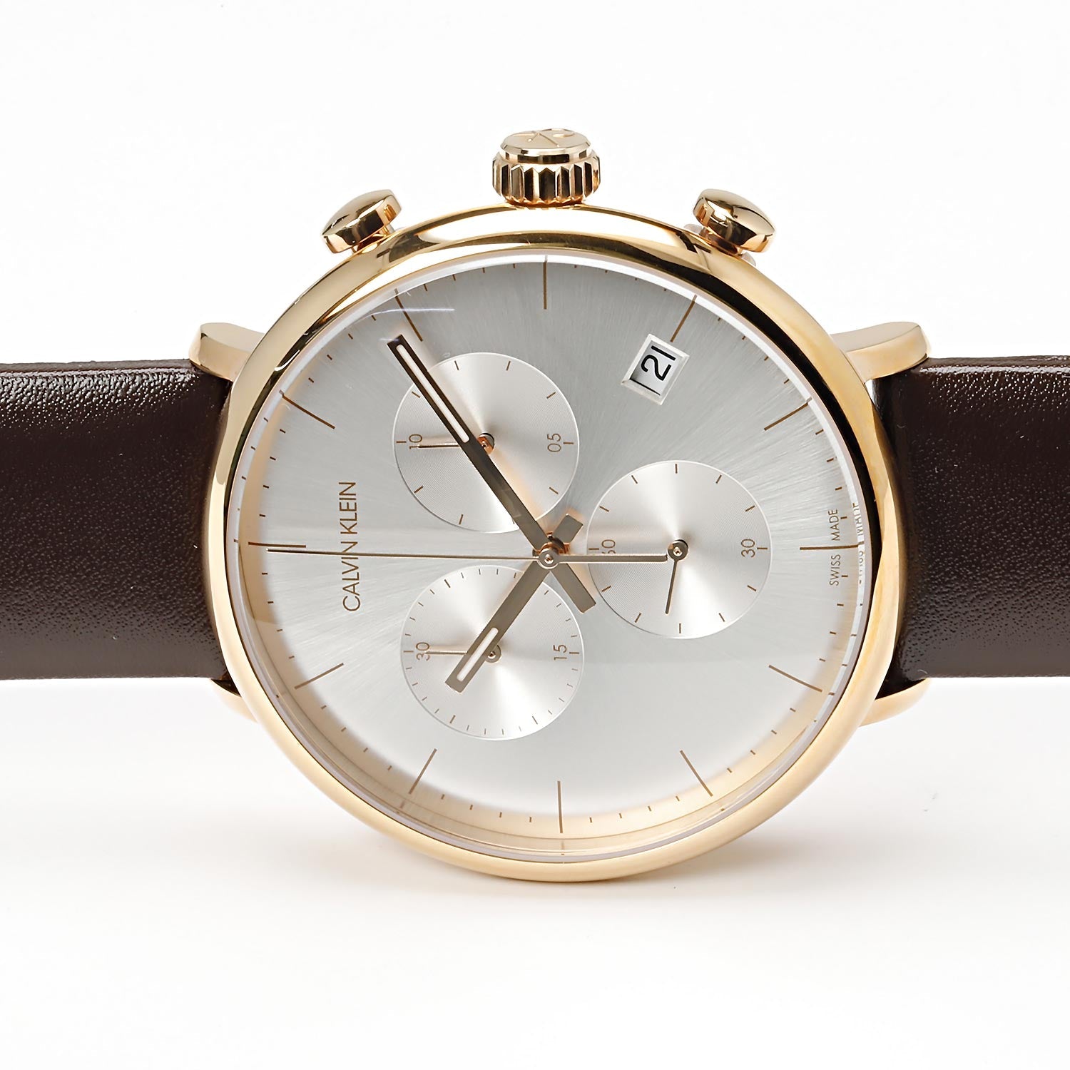 Close-up detail of Calvin Klein High Noon dial showing chronograph subdials and rose gold pushers