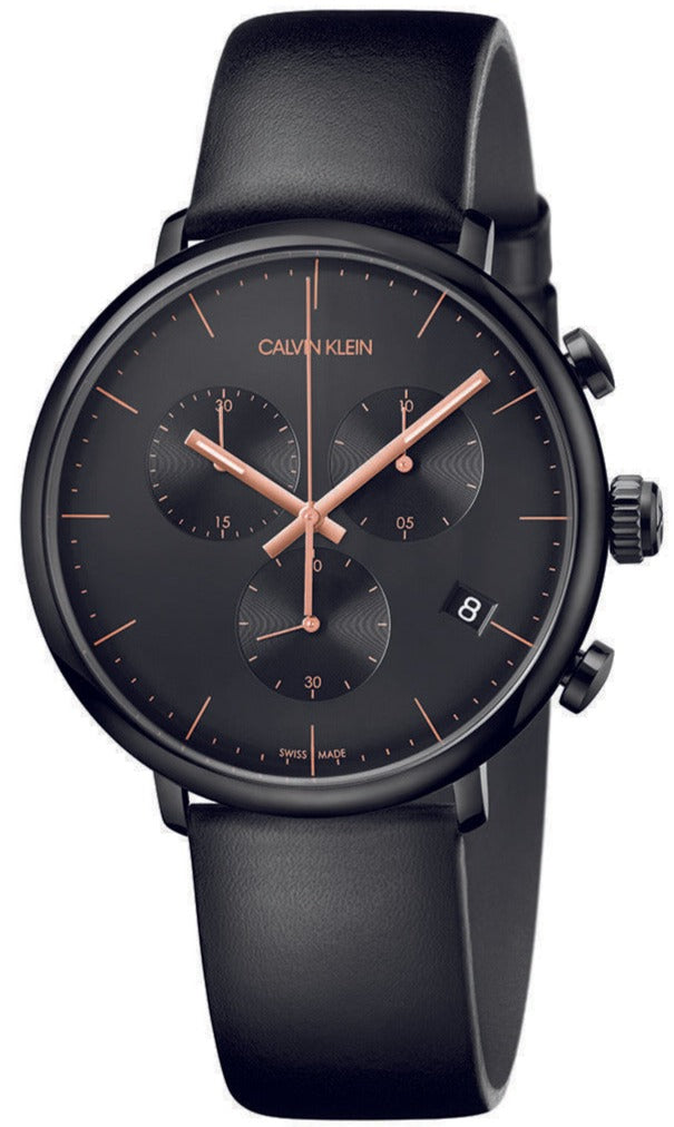 Calvin Klein Highno chronograph watch with black dial and rose gold hands and indices