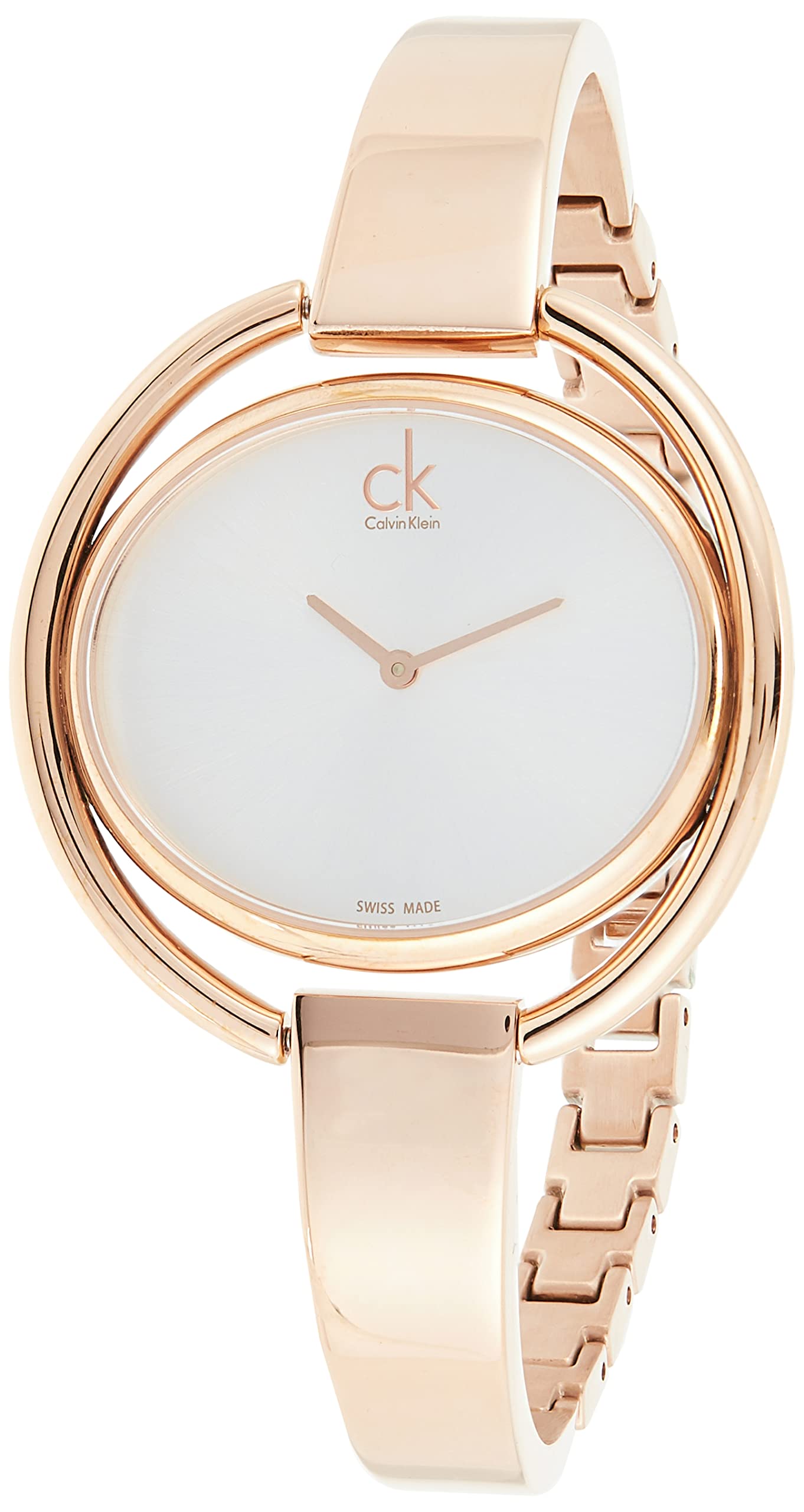 Calvin Klein Impetuous ladies watch angled view of rose gold bangle and dial