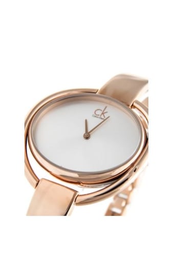 Close-up detail of Calvin Klein Impetuous silver dial with rose gold hands and CK logo