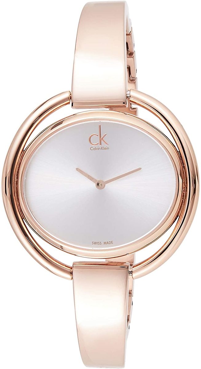 Calvin Klein Impetuous rose gold ladies watch with silver dial and rectangular bangle links