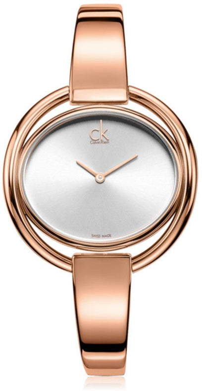 Calvin Klein Impetuous rose gold-tone ladies watch with silver dial and bangle bracelet
