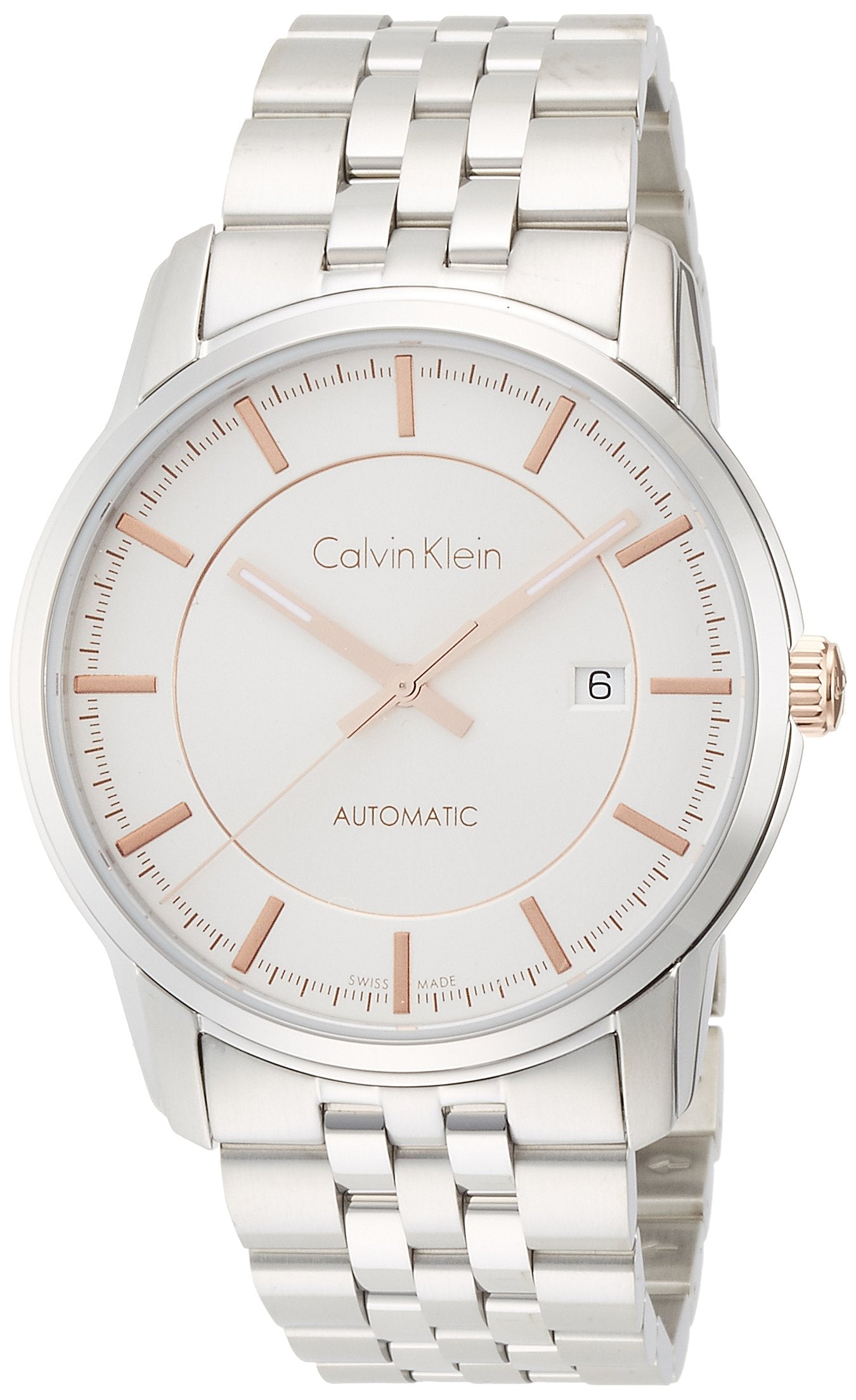 Calvin Klein Infinite automatic men's watch displaying silver dial with rose gold accents and date window