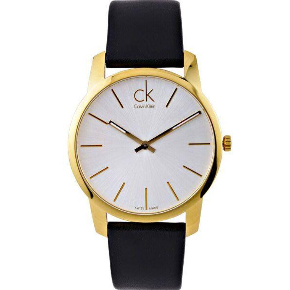 Calvin Klein K2G21520 watch angled view showing gold case and black leather strap