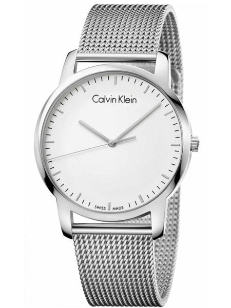 Calvin Klein City stainless steel mesh watch with white dial and gray hands