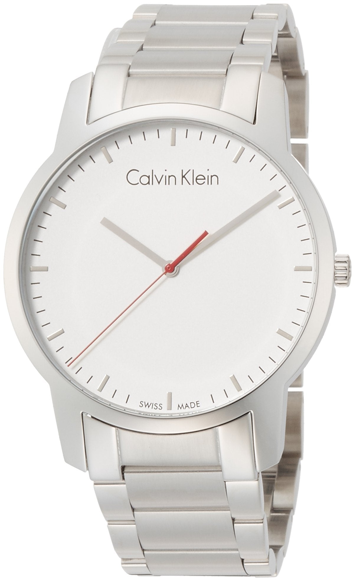Three-quarter view of Calvin Klein men's watch showing silver bracelet and minimalist white dial
