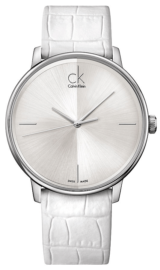 Calvin Klein women's quartz watch with white leather strap and silver dial