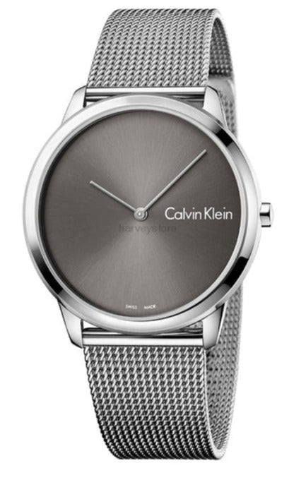 Calvin Klein K3M21123 minimal watch with black dial and silver mesh strap