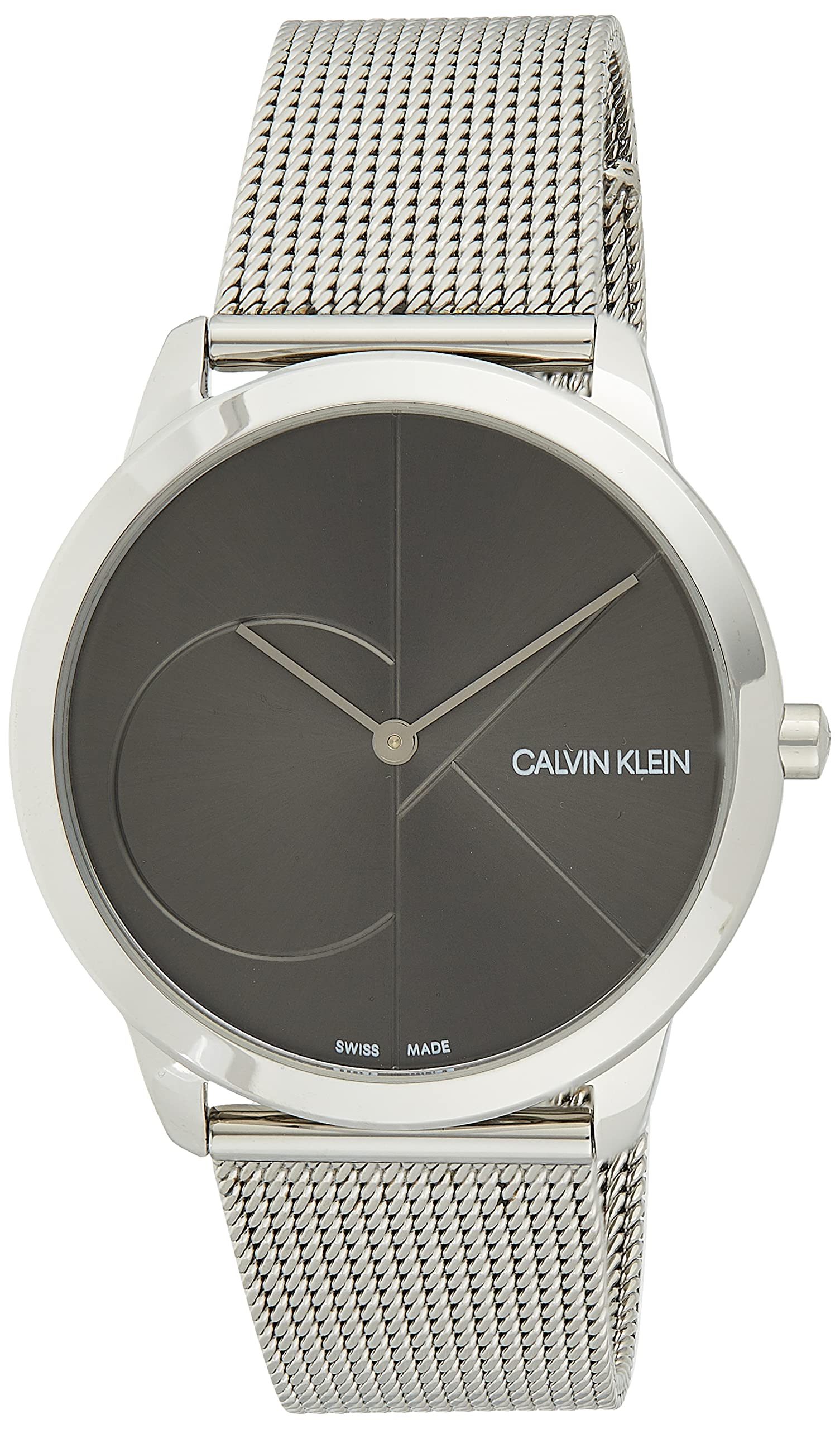 Calvin Klein K3M21123 minimal watch face with silver mesh strap and dial detail