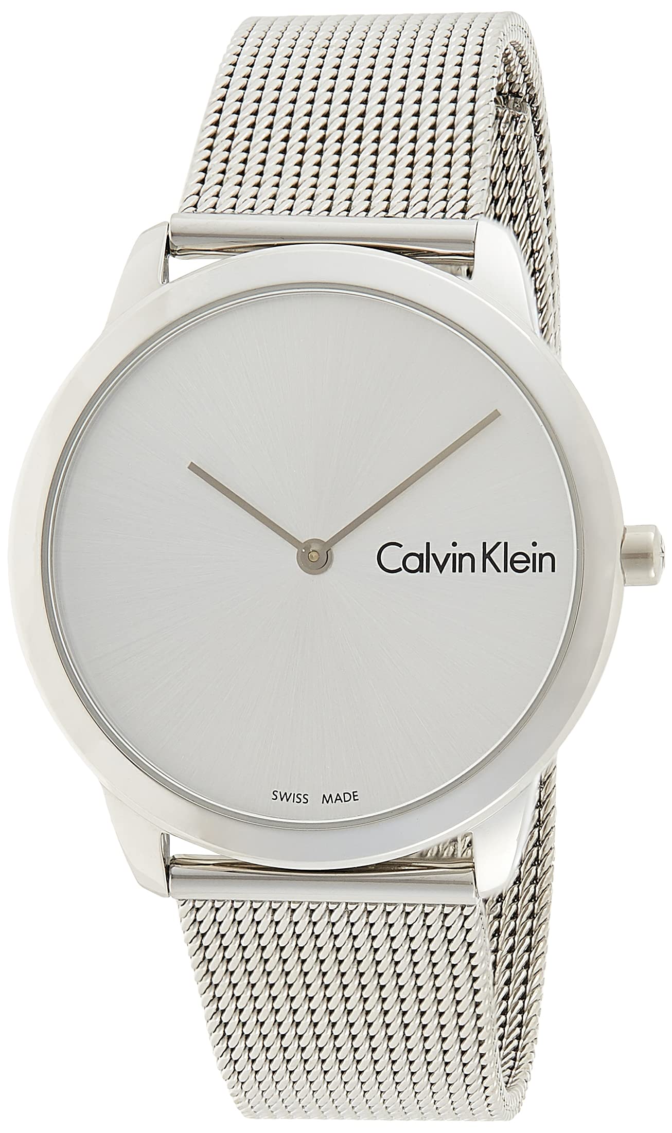Calvin Klein men's minimalist watch with silver mesh band and clean white dial