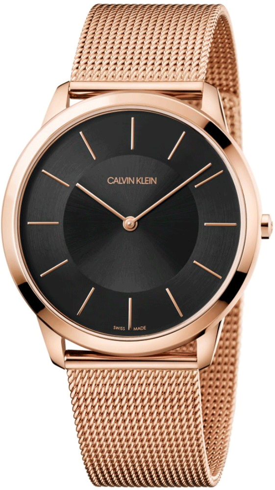 Calvin Klein Minimal 40mm rose gold men's watch with black dial and rose gold mesh bracelet