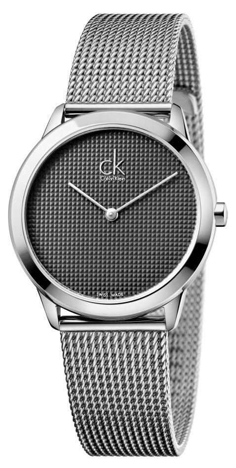 Calvin Klein K3M2212X ladies watch with charcoal dial and silver mesh band, front view