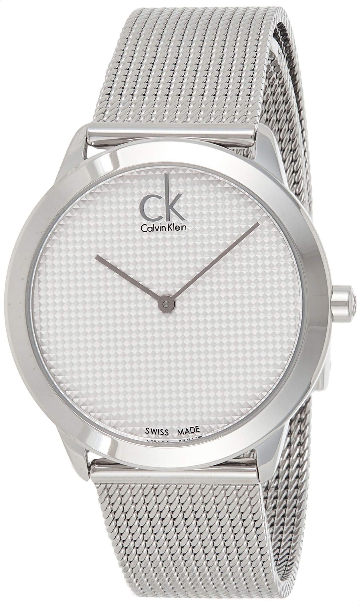 Angled view of Calvin Klein minimal watch showing silver mesh bracelet and round case