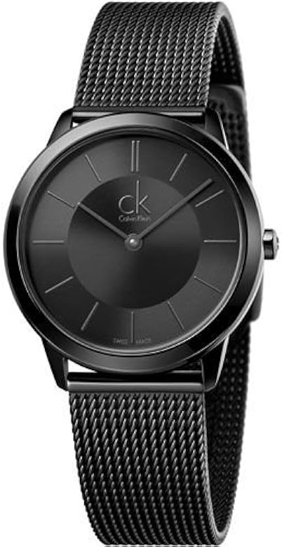Calvin Klein minimalist black watch on wrist with mesh strap and dark dial
