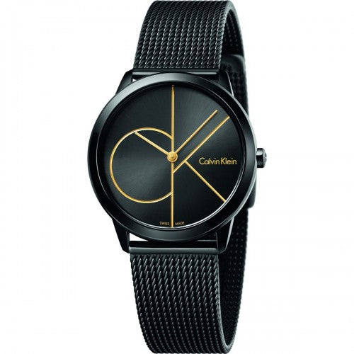 Calvin Klein Minimal watch at angle showing black mesh bracelet and minimalist dial design