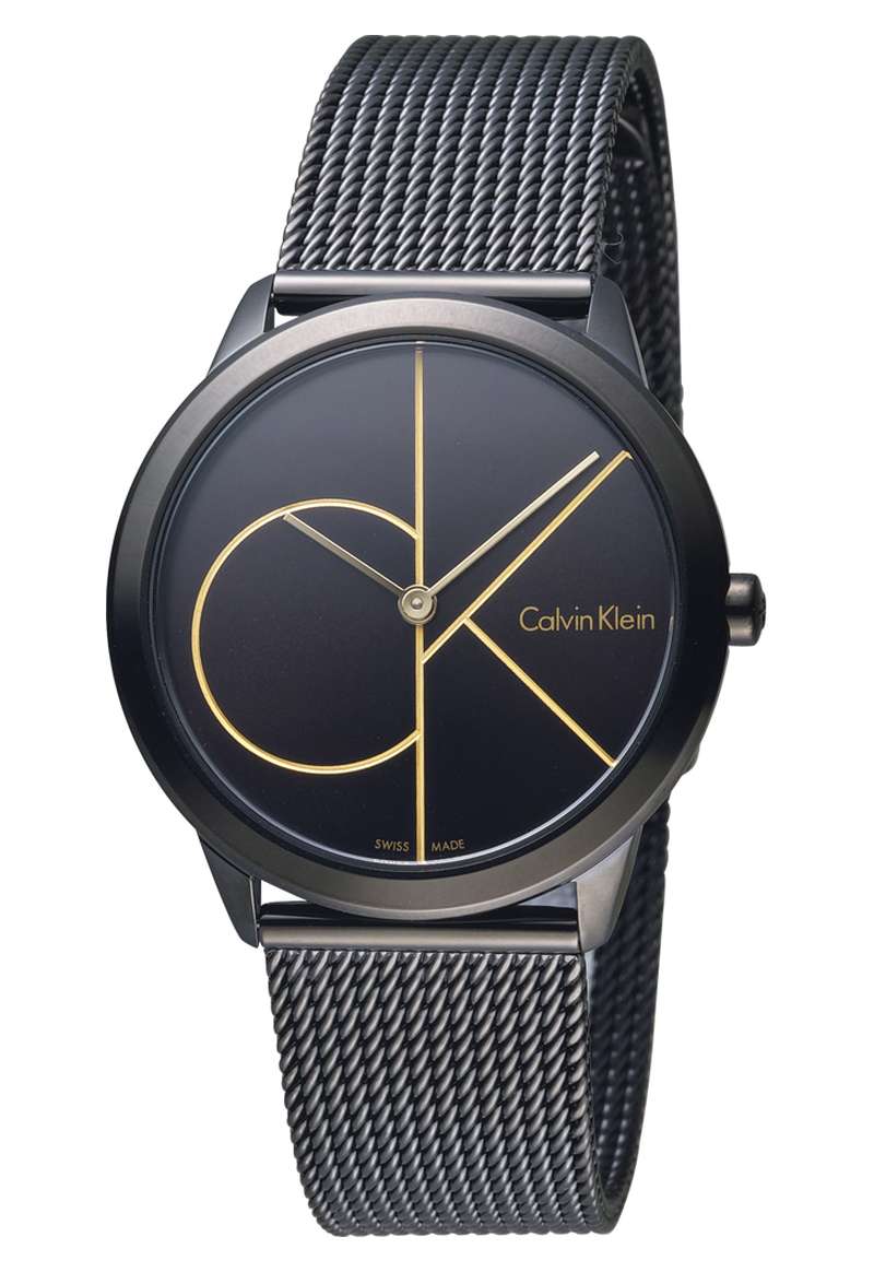 Calvin Klein Minimal women's watch with black dial, gold hands and logo, black mesh bracelet