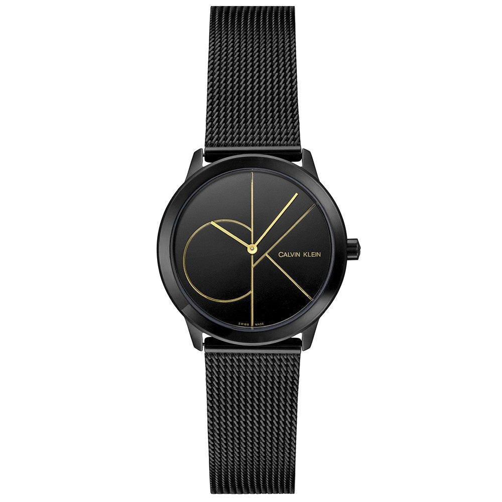 Calvin Klein Minimal watch worn on wrist with black mesh bracelet