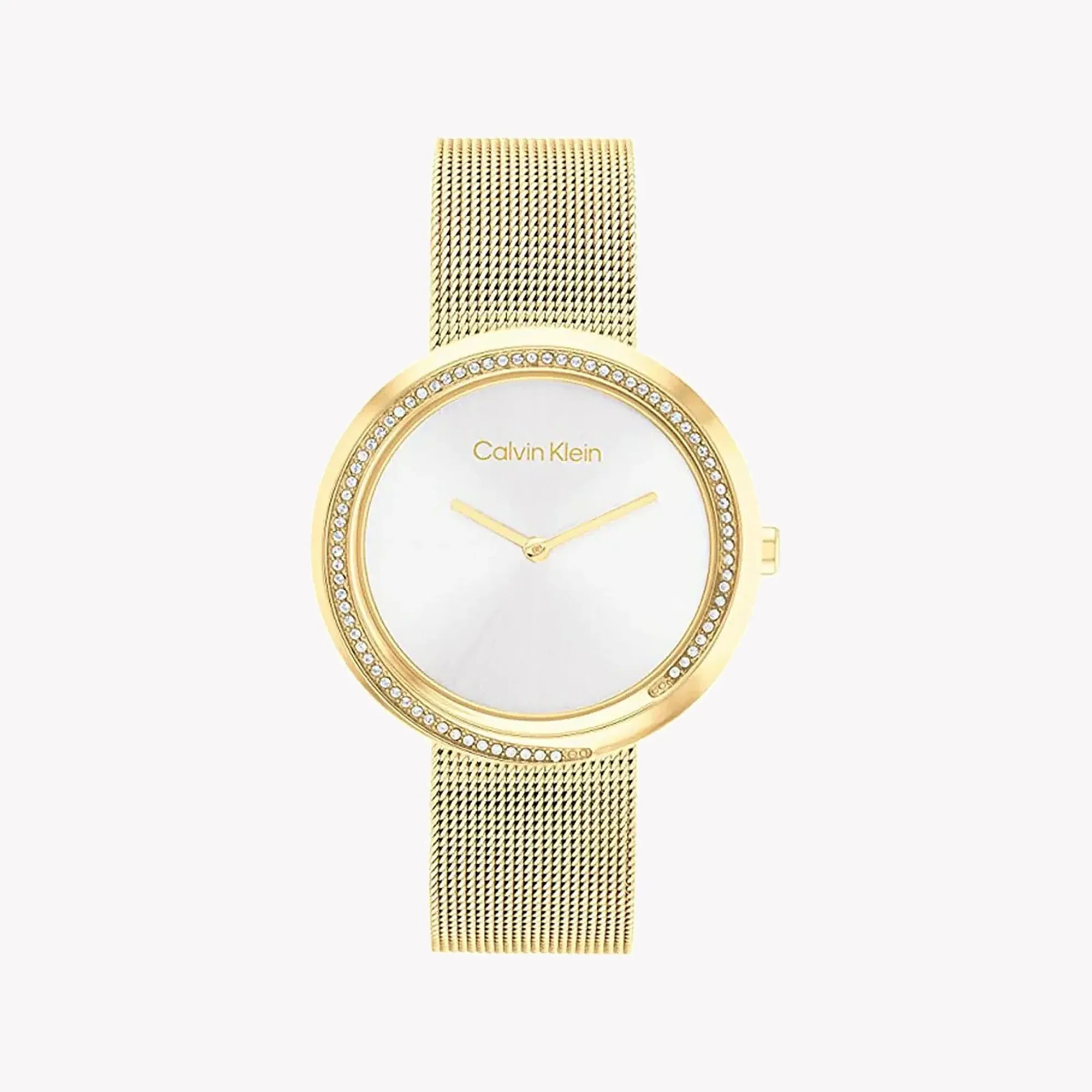 Calvin Klein white dial women's watch with gold-tone case and crystal bezel
