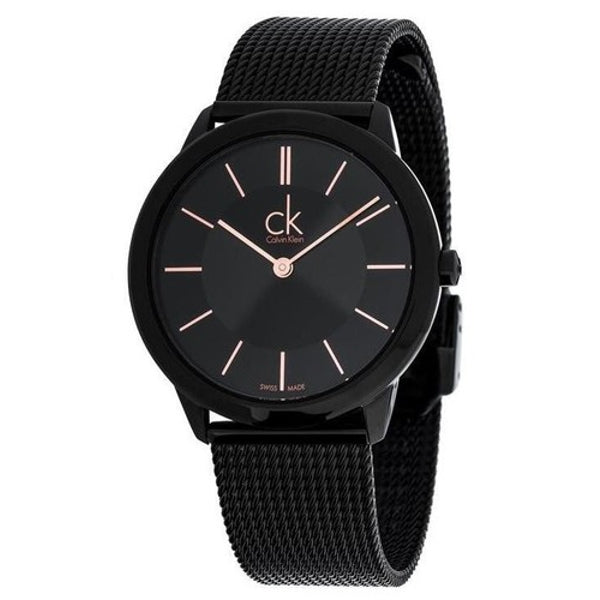 Calvin Klein K3M23421 minimal black dial with rose gold indices and mesh band