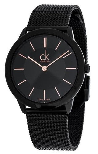 Calvin Klein K3M23421 minimal black dial watch with rose gold hour markers