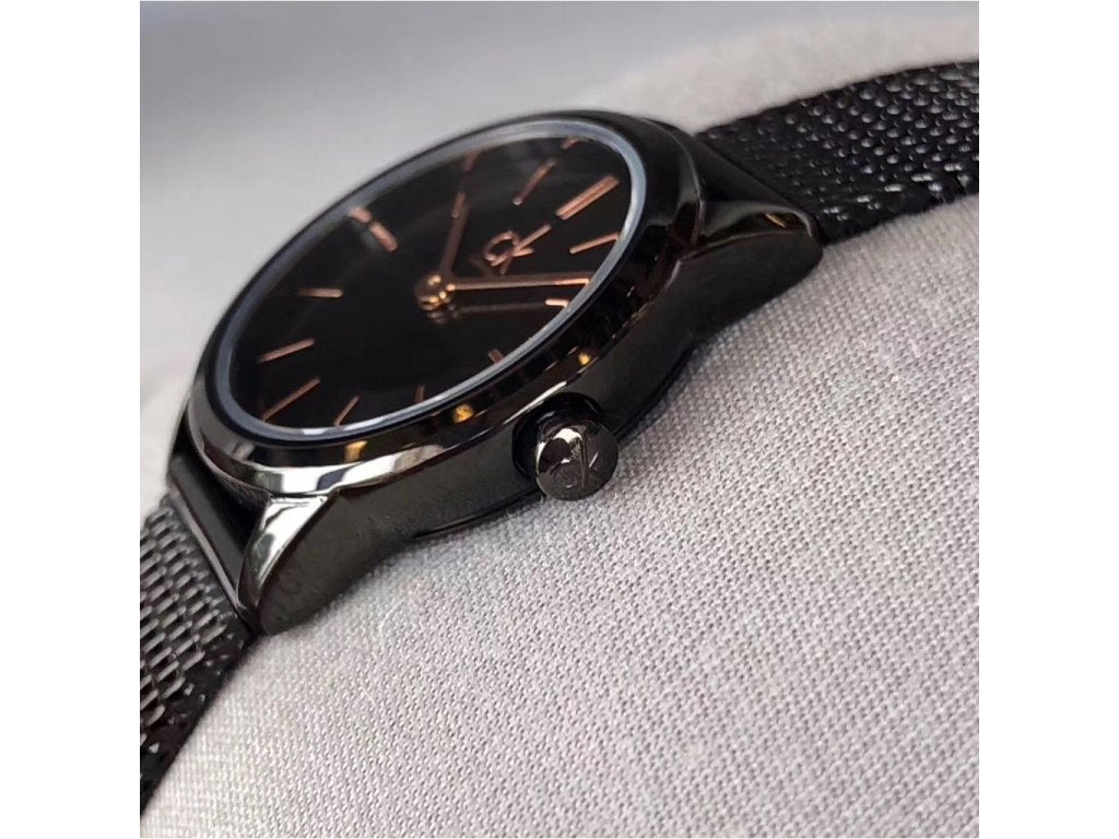 Calvin Klein K3M23421 side profile watch detail with rose gold indices visible