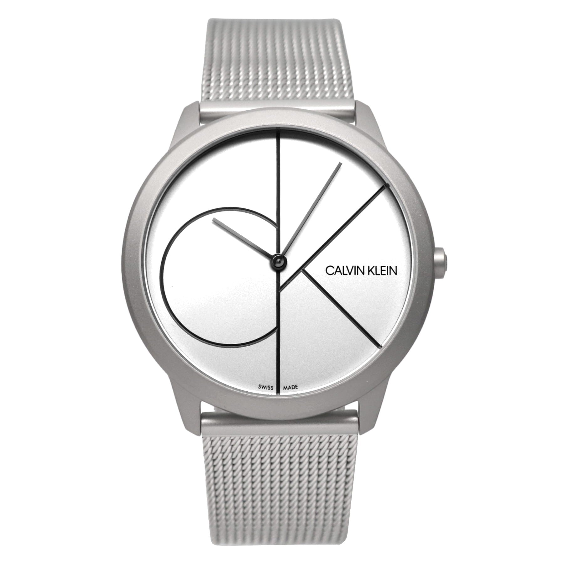 Calvin Klein Minimal watch angled view showing white dial face with geometric pattern and steel mesh band