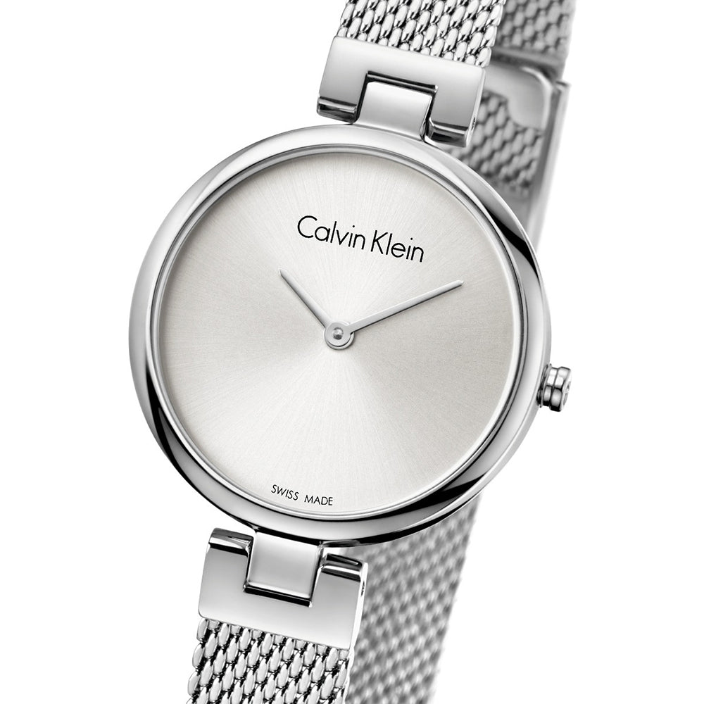 Calvin Klein Authentic watch side angle showing case and silver mesh bracelet