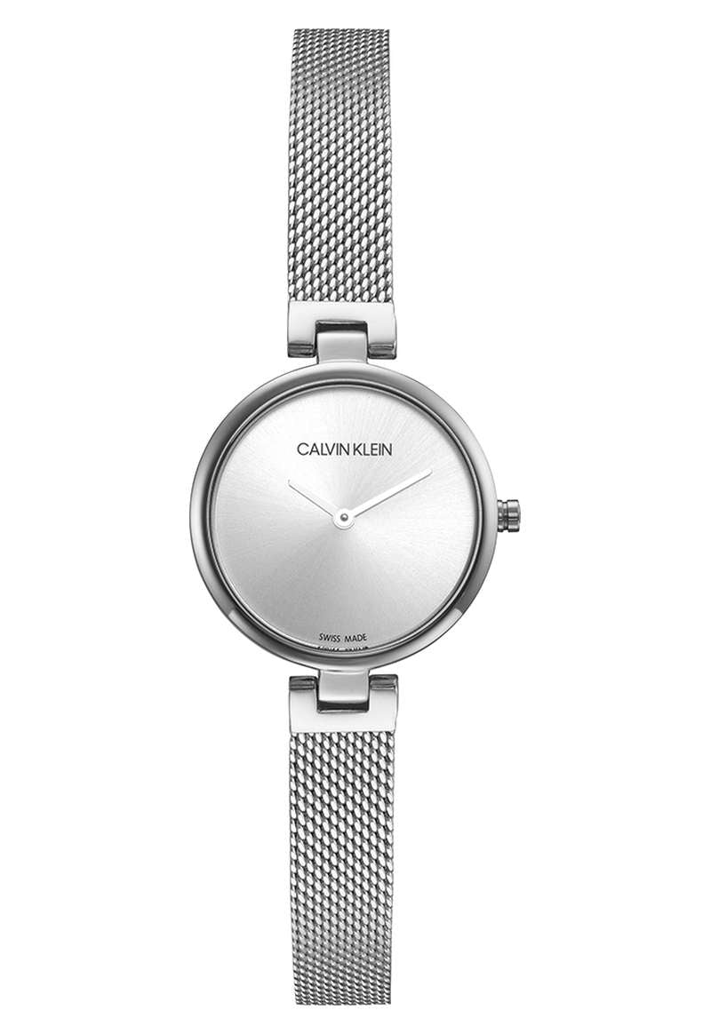 Calvin Klein Authentic watch front view with minimalist silver dial and mesh strap
