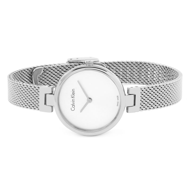 Calvin Klein Authentic watch on wrist showing silver mesh bracelet and case