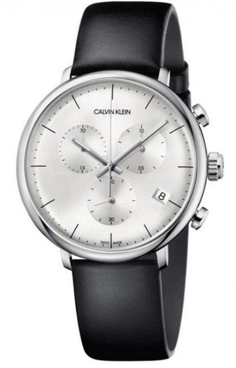 Calvin Klein High Noon chronograph watch with silver dial and black leather strap