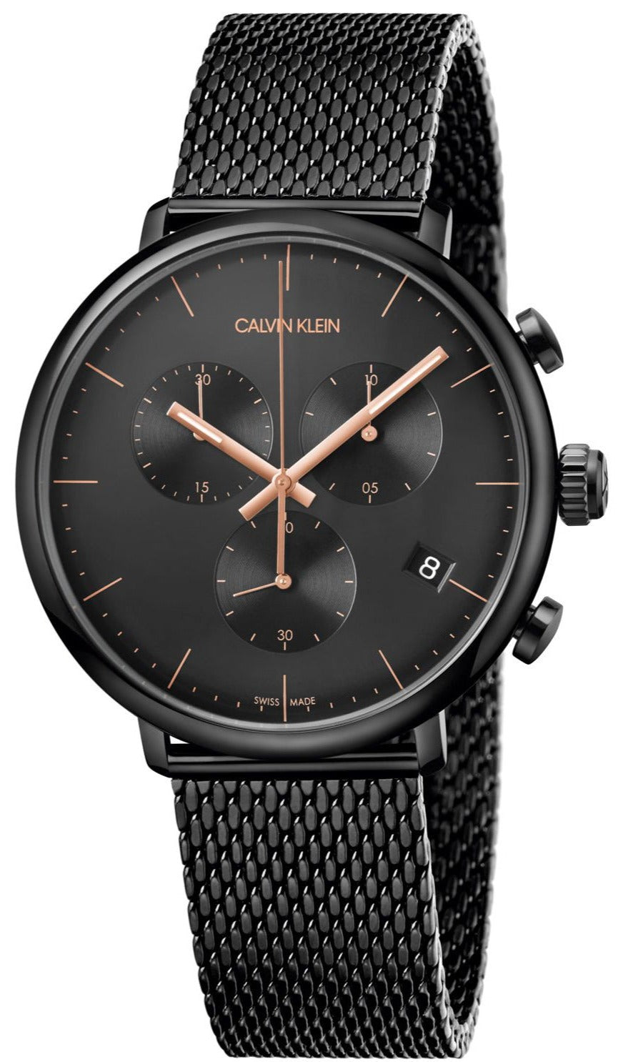 Calvin Klein K8M27421 chronograph watch with black dial and mesh strap