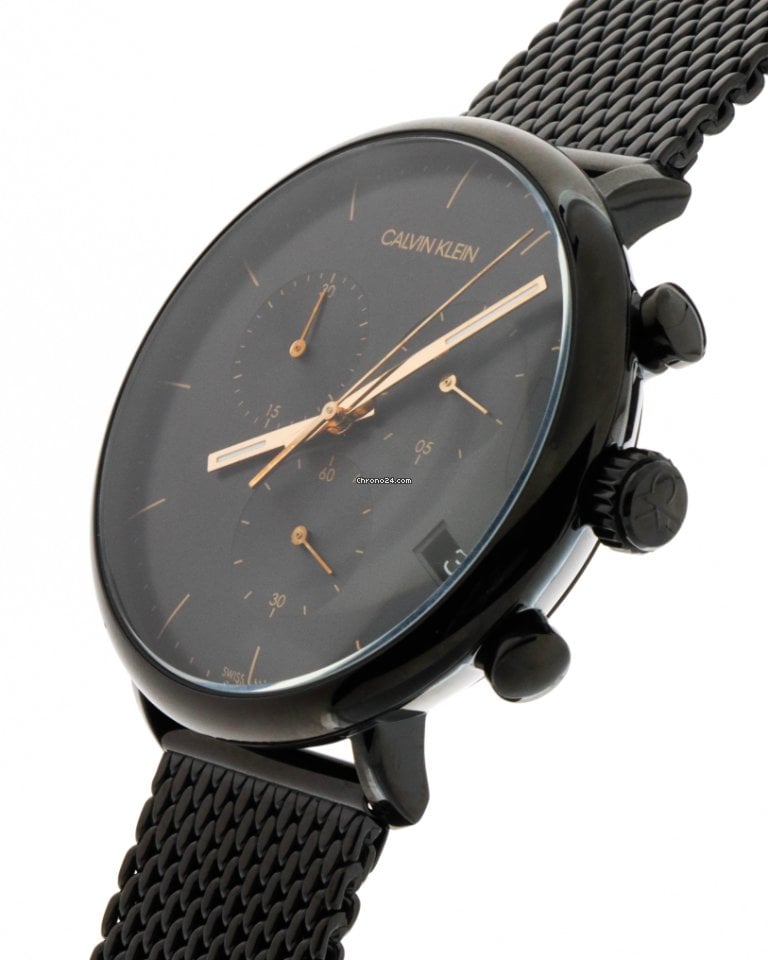 K8M27421 chronograph watch side view with chronograph pushers and mesh band