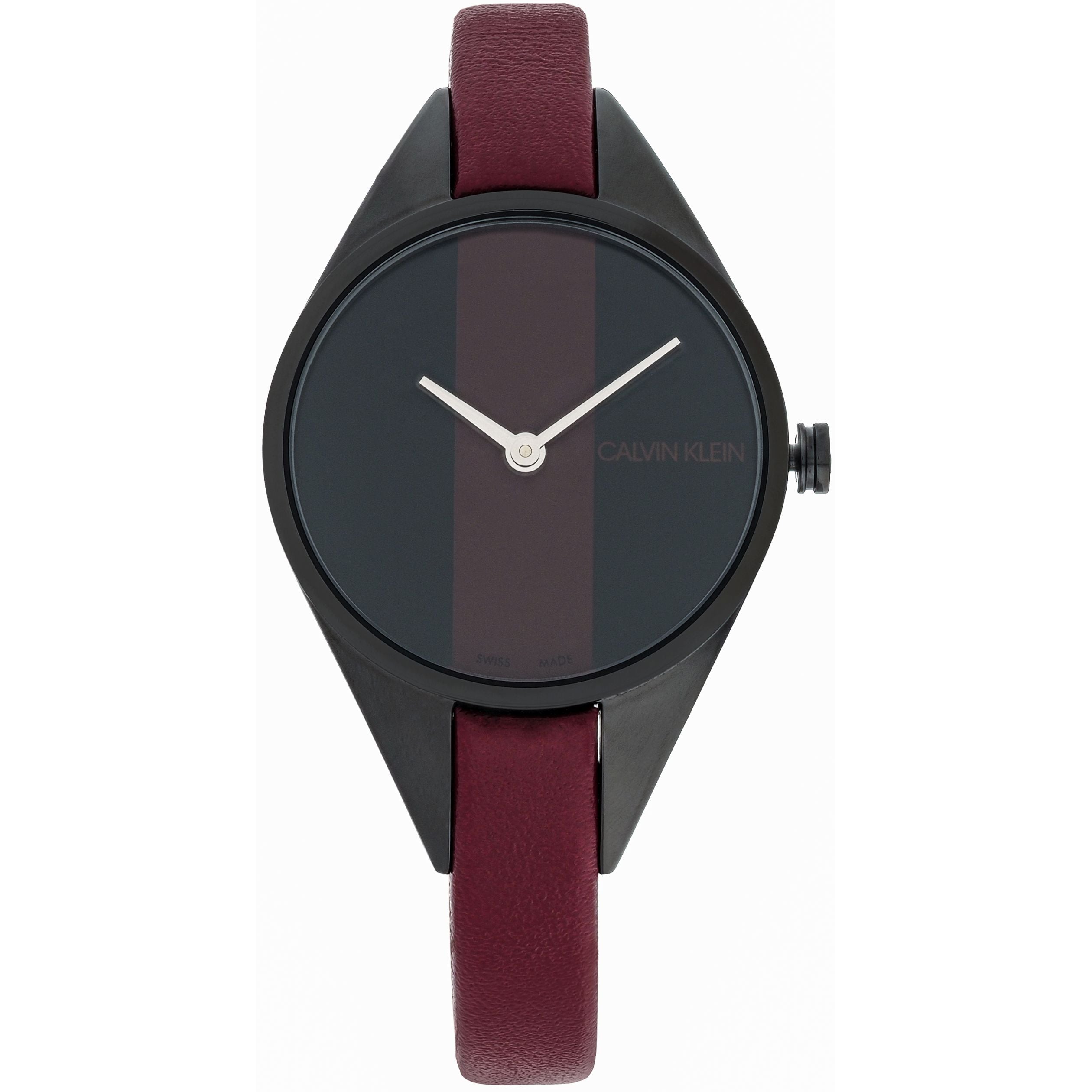 Calvin Klein Rebel ladies watch face with red stripe on black dial