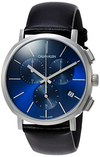 Angled view of Calvin Klein K8Q371CN chronograph with blue dial and black leather strap