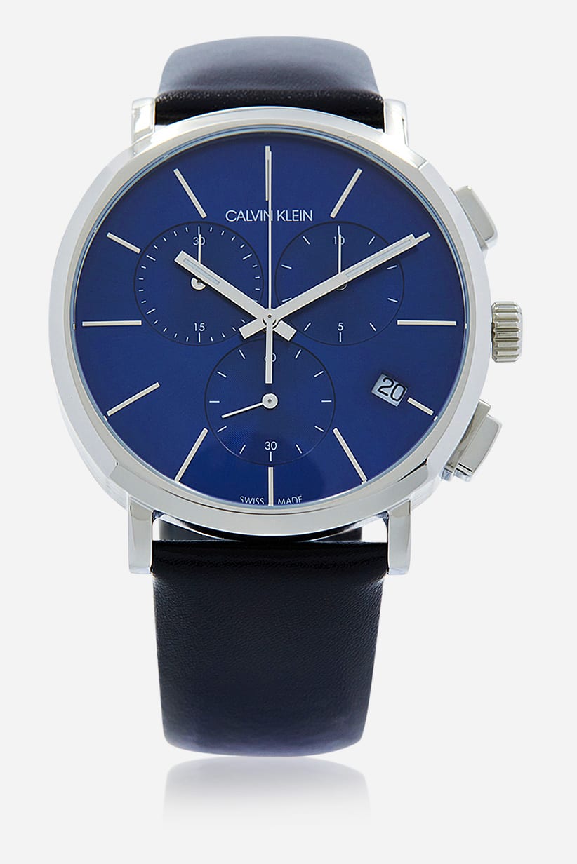 Front view of Calvin Klein chronograph watch with blue dial and silver-tone case