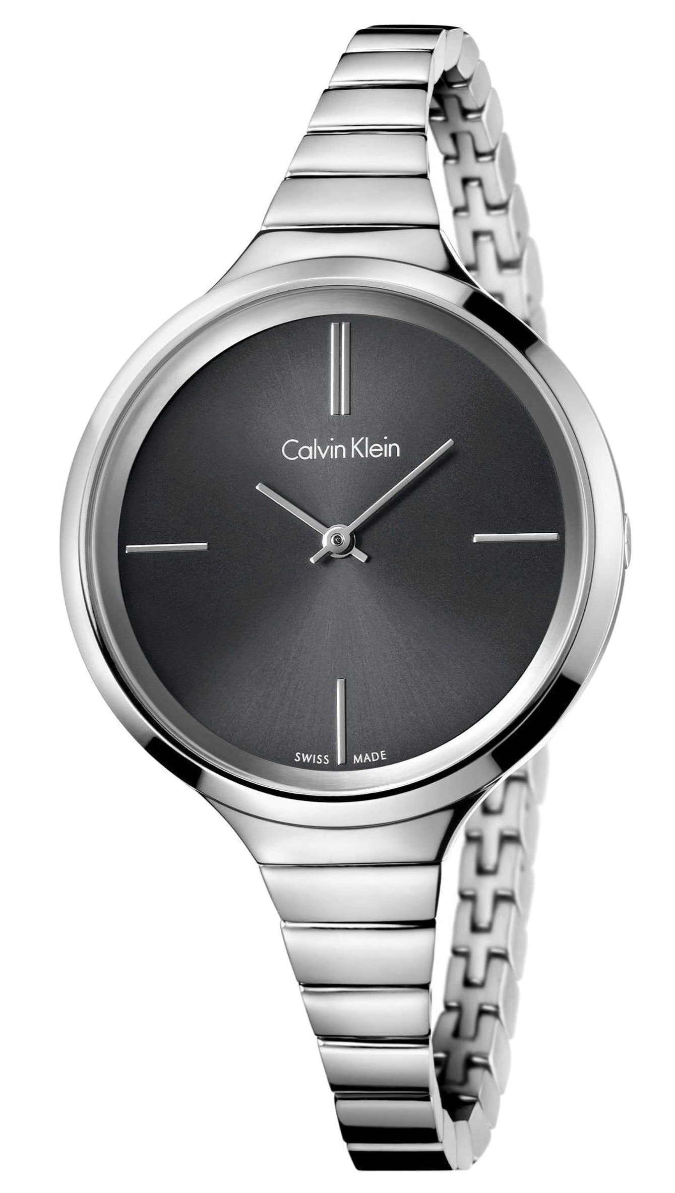 Calvin Klein Lively women's watch with black dial and silver steel bracelet on angle