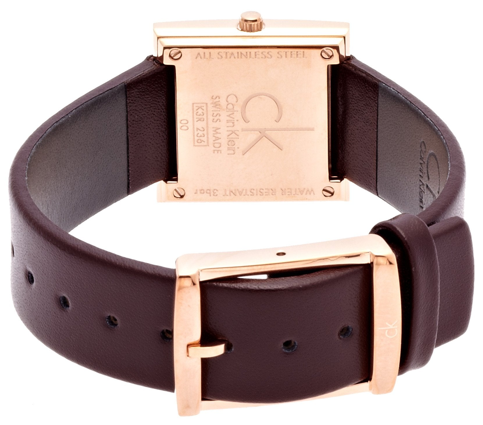 Calvin Klein Mark K3R236G6 caseback showing stainless steel all-stainless steel marking