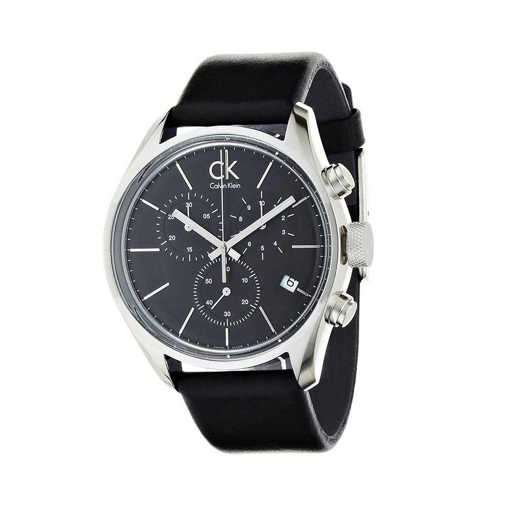 Calvin Klein Masculine men's watch at angle showing black leather strap and chronograph subdials