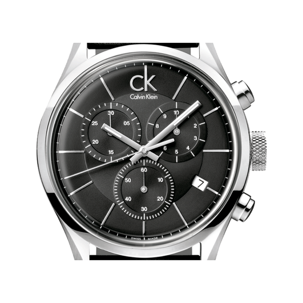 Calvin Klein Masculine chronograph watch with black dial, stainless steel case and pushers