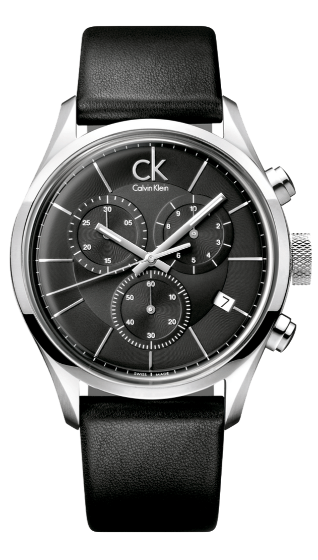 Calvin Klein Masculine chronograph watch with black dial and stainless steel case