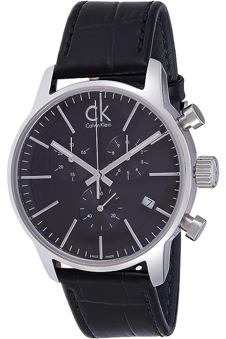 Calvin Klein Masculine chronograph watch worn on wrist with black leather strap