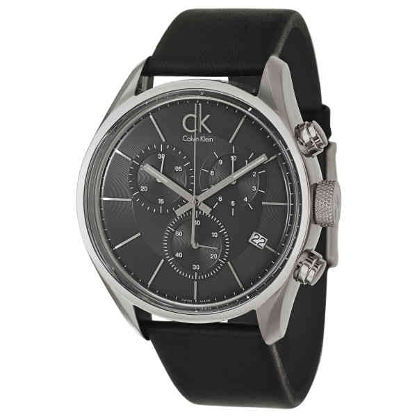 Calvin Klein Masculine men's chronograph watch with stainless steel case and black leather strap