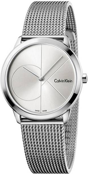 Calvin Klein Minimal watch with silver dial, geometric design, and stainless steel mesh bracelet