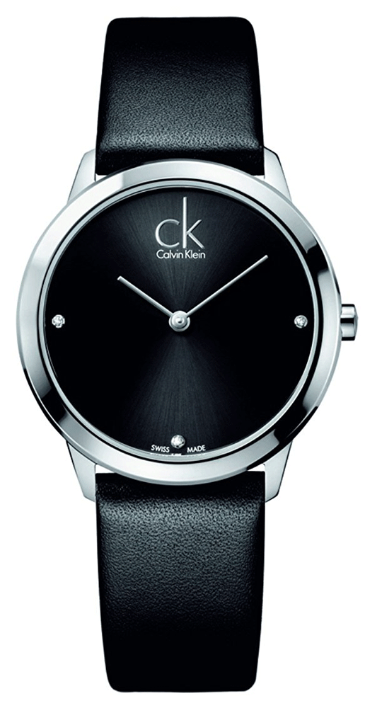Calvin Klein Minimal women's watch with black dial, stainless steel case, and black leather strap